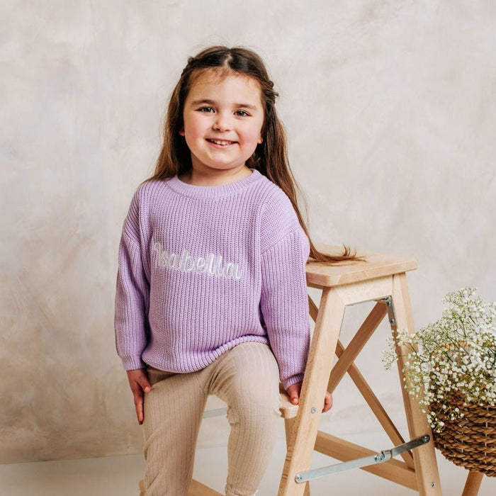 Lilac knitted jumper with embroidered personalisation on front, crew neck