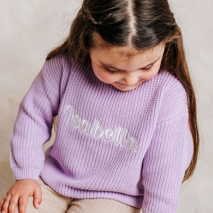Lilac knitted jumper with embroidered name detail on chest, long sleeves