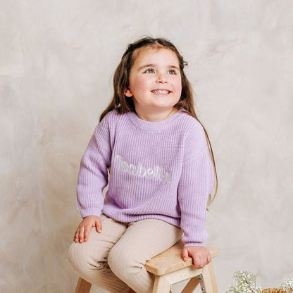 Lilac knitted jumper with embroidered name front, crew neck and ribbed cuffs