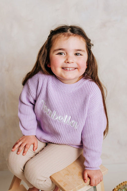 Lilac knitted jumper with embroidered name detail on chest, crew neck