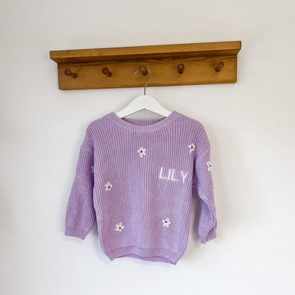 Lilac knitted jumper with crew neck, long sleeves, floral appliques, 'LILY' front