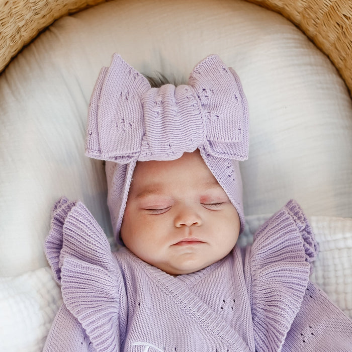 Lilac pointelle bow headband with wide ribbed bow, front view
