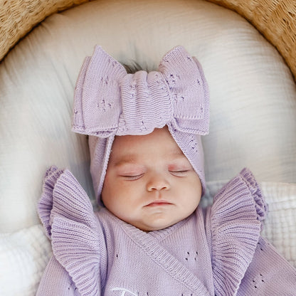 Lilac pointelle bow headband with wide ribbed bow, front view