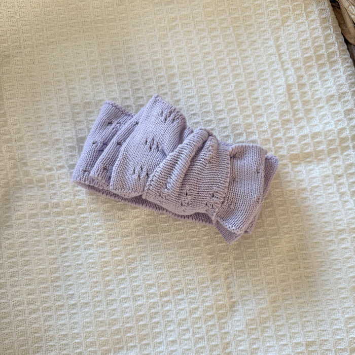 Lilac pointelle knit bow headband with textured bow detail