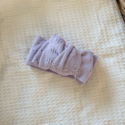 Lilac pointelle knit bow headband with textured bow detail
