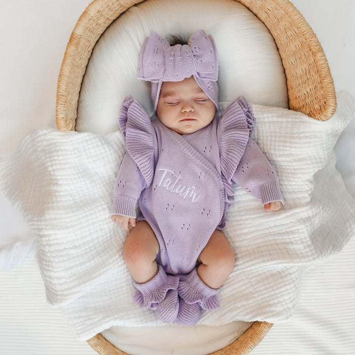 Lilac pointelle knitted baby romper with ruffle cuffs and bow headband, newborn