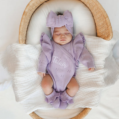 Lilac pointelle knitted baby romper with ruffle cuffs and bow headband, newborn