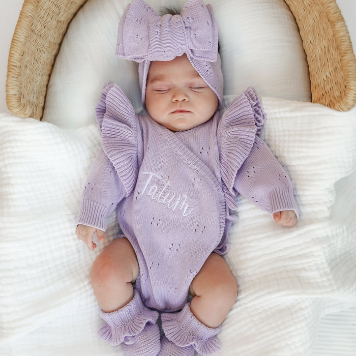 Lilac knitted baby romper with wide ruffle sleeves, bow headband, personalized name