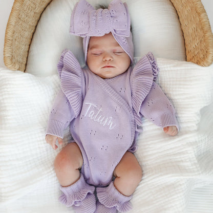 Lilac knitted baby romper with wide ruffle sleeves, bow headband, personalized name