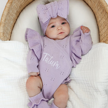 Lilac baby romper with pointelle knit front and bow headband, ruffled cuffs