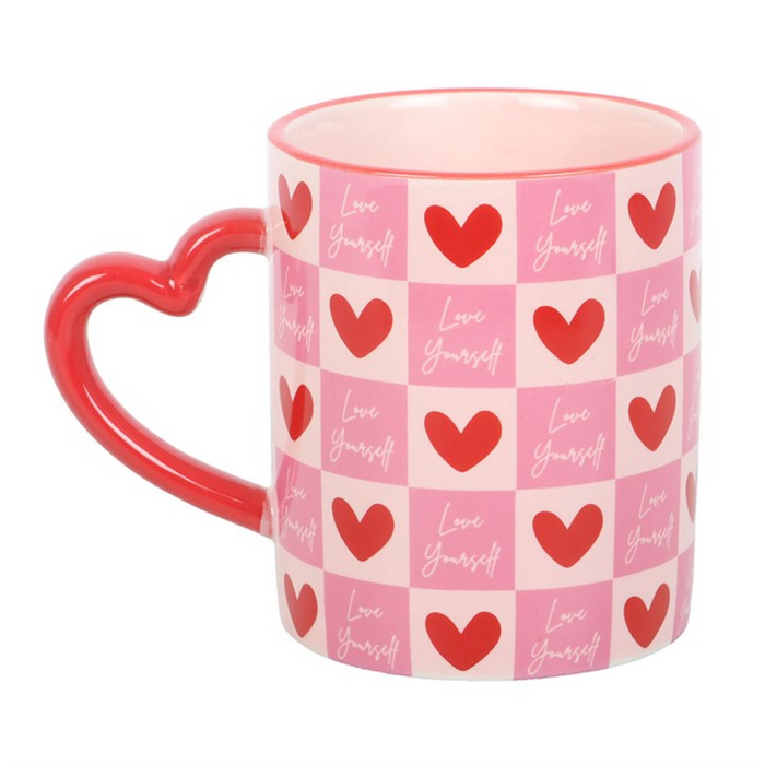 Love Yourself Checkered Mug with Heart Handle 🇬🇧