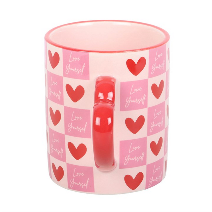 Love Yourself Checkered Mug with Heart Handle 🇬🇧