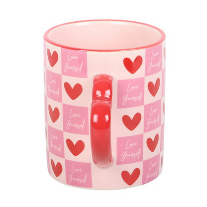 Love Yourself Checkered Mug with Heart Handle 🇬🇧