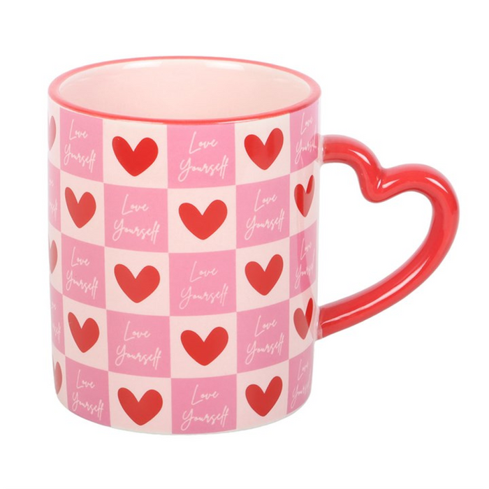 Love Yourself Checkered Mug with Heart Handle 🇬🇧