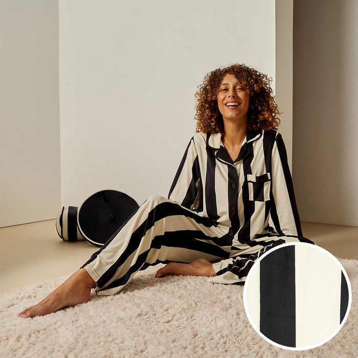 Mono Stripe Button Through Pyjama Set - Monochrome 🇬🇧