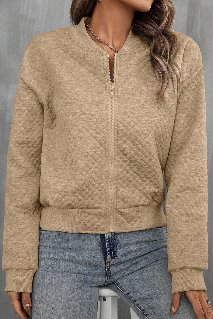 Pale Khaki Solid Geometric Textured Baseball Collar Jacket 🇺🇸