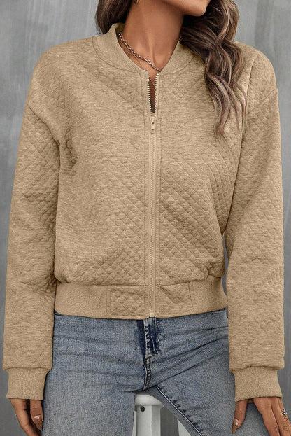 Pale Khaki Solid Geometric Textured Baseball Collar Jacket 🇺🇸