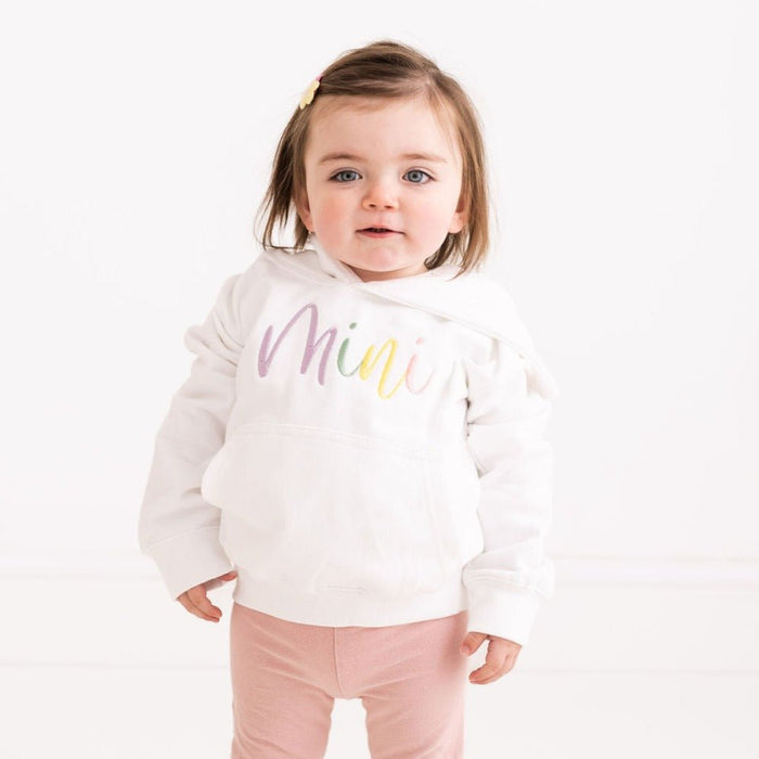 Kids white hoodie with purple-pink 'Mini' script embroidery