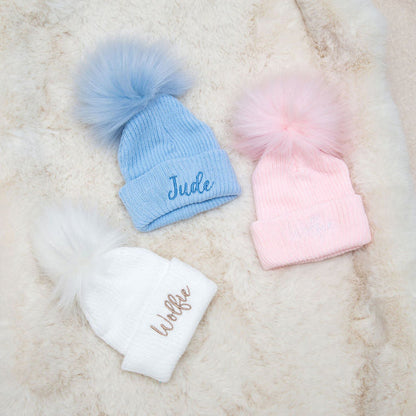 Baby rib-knit pom hat, baby pink with fluffy pink pom