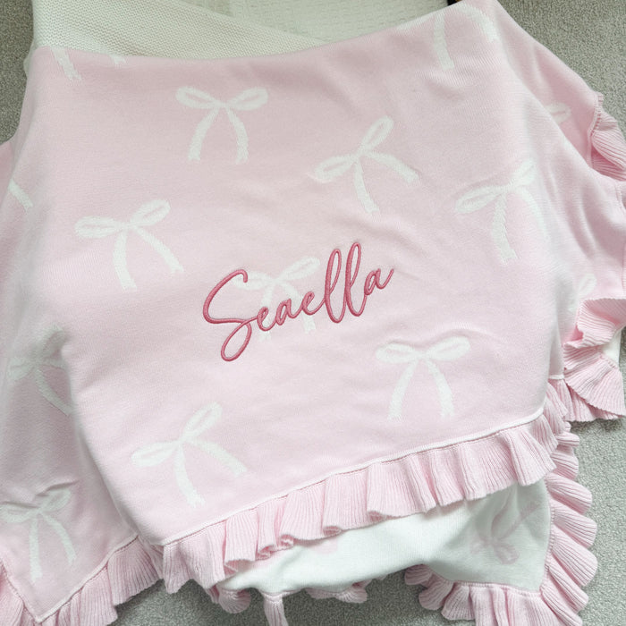 Personalised bow reversible blanket, pink with Seavella logo and ruffled edge detail