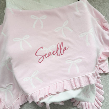 Personalised bow reversible blanket, pink with Seavella logo and ruffled edge detail