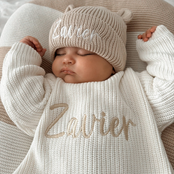 Cream knitted jumper and bear hat set with 'Zavier' embroidery