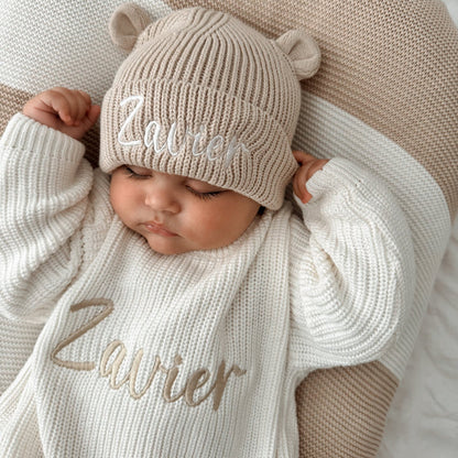 Cream knitted jumper and bear hat set with 'Zavier' name stitched