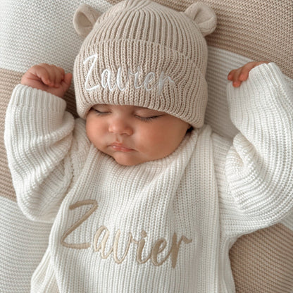 Cream knitted jumper and bear hat set, 'Zavier' stitched in knit text