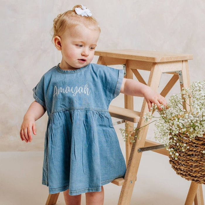 Personalised blue denim dress with embroidered 'Amayah' and short sleeves