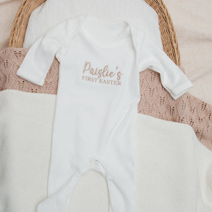 Personalised first Easter sleepsuit, white with 'Paislie's First Easter' chest print and cuffs