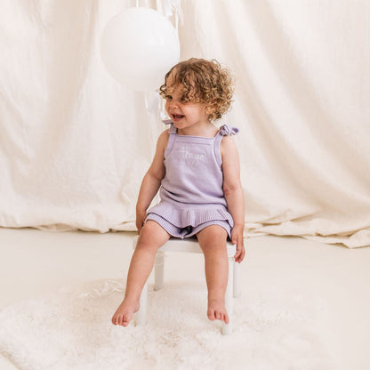 Lavender knitted frill two-piece set with sleeveless top and ruffled shorts