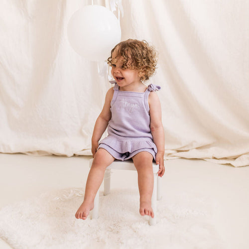 Lavender knitted frill two-piece set with sleeveless top and ruffled shorts