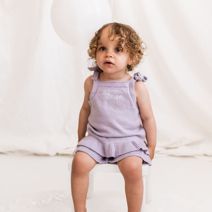 Lavender knitted frill two-piece set with sleeveless top, bow straps, ruffled hem