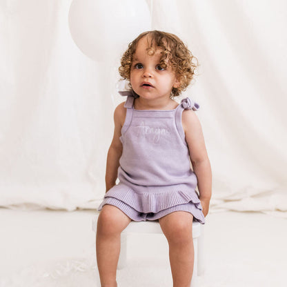 Lavender knitted frill two-piece set with sleeveless top, bow straps, ruffled hem