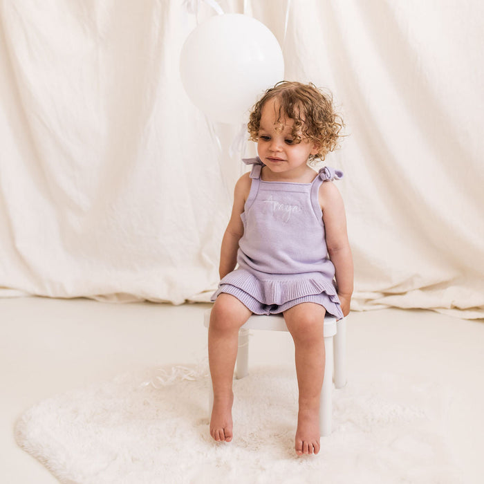 Lavender knitted frill two-piece set with sleeveless top and layered ruffle shorts