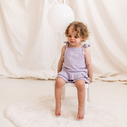 Lavender knitted frill two-piece set with sleeveless top and layered ruffle shorts