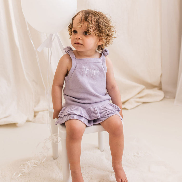 Lavender knitted frill two-piece set featuring bow-strap sleeveless top and ruffle edge