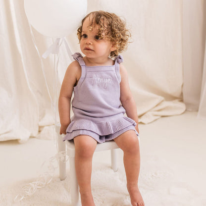 Lavender knitted frill two-piece set featuring bow-strap sleeveless top and ruffle edge