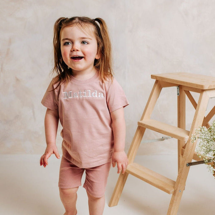 Children's rose-pink personalized T-shirt with Matilda chest print and short sleeves
