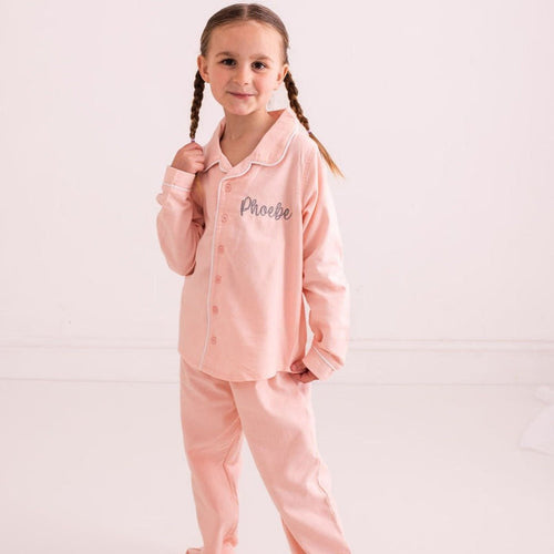 Pink embroidered pyjama set: button-front shirt and cuffed trousers