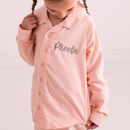 Pink embroidered pyjama top with 'Phoebe' script logo and button placket