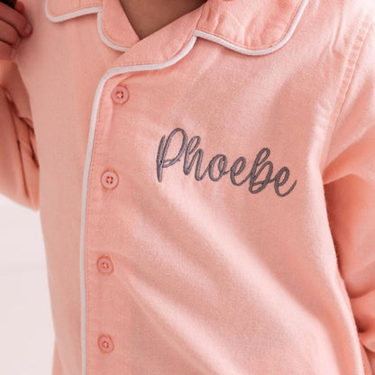 Pink embroidered pyjama top with 'Phoebe' script and button details