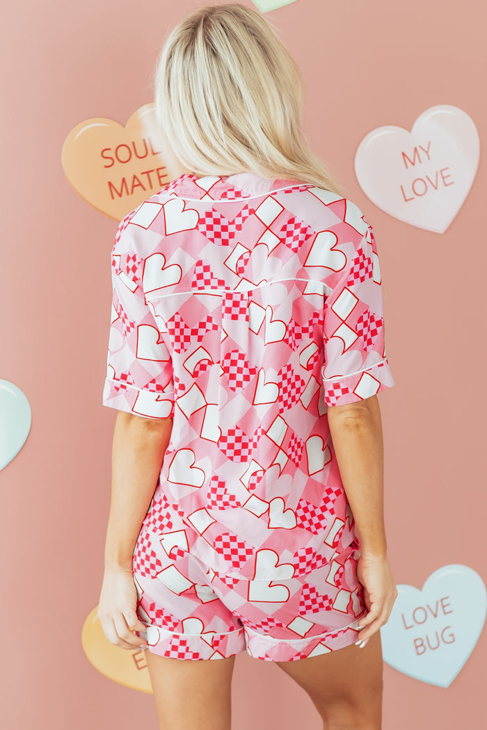 Pink Heart Print Shirt Style Silky Short Pajama Set 🇺🇸