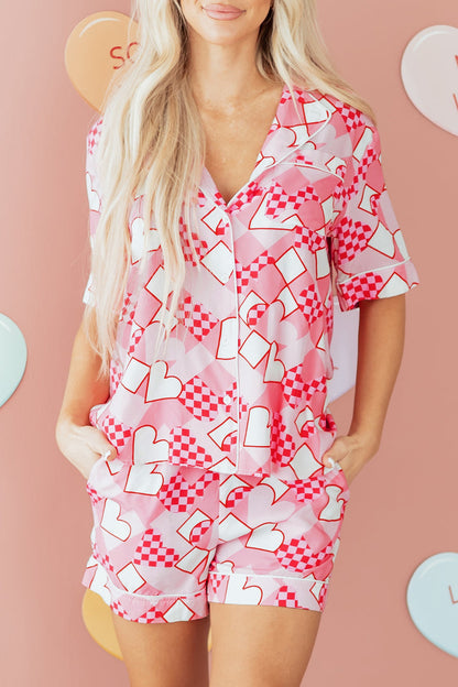 Pink Heart Print Shirt Style Silky Short Pajama Set 🇺🇸