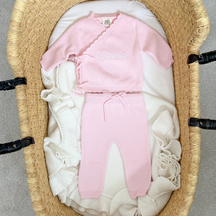 Pink baby kimono set with top and pants, scalloped trim and drawstring waist