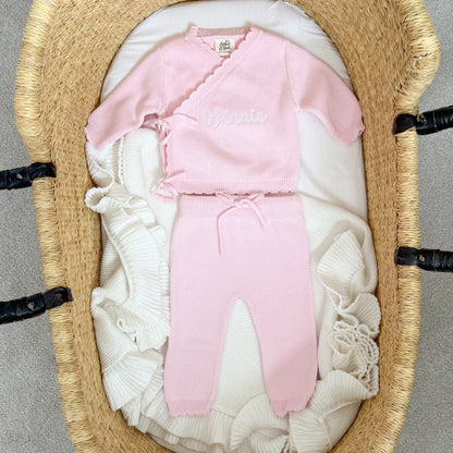 Pink baby kimono set with top and pants, scalloped trim and drawstring waist
