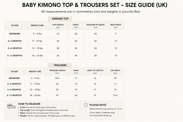 Baby kimono set size guide chart (UK) with measurements for tops and trousers