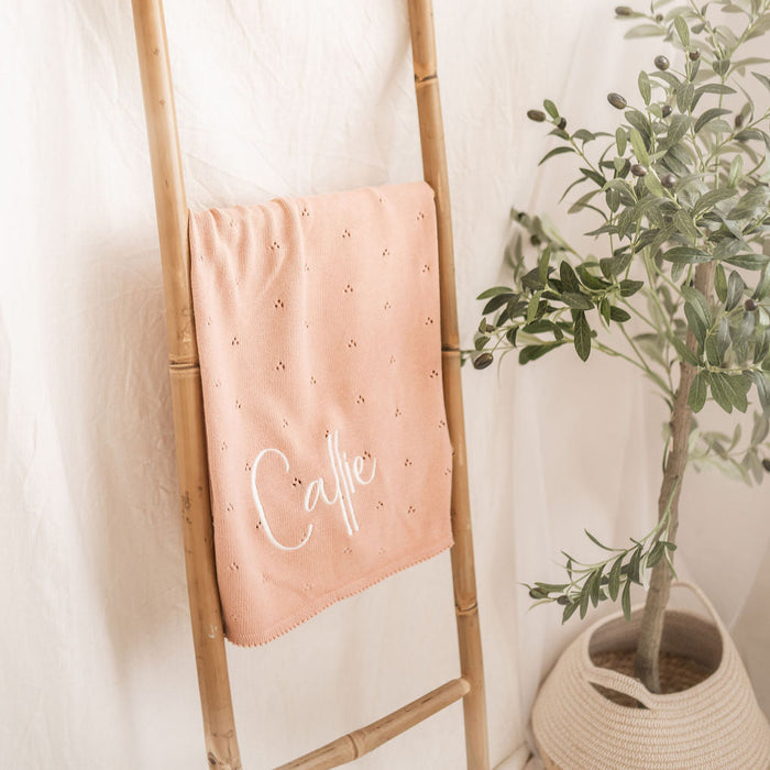 Personalized baby knit blanket, pink pointelle with 'Calle' script