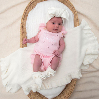 Pink pointelle romper with bow headband and scalloped ruffle trim