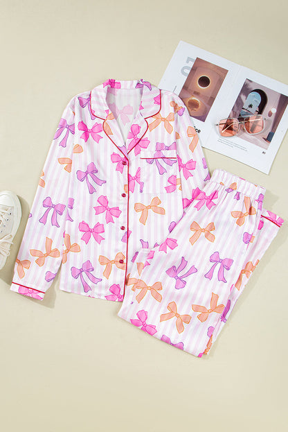Pink Striped Bow Print Contrast Piping Trim Shirt and Pants 2pcs Pajama Set 🇺🇸
